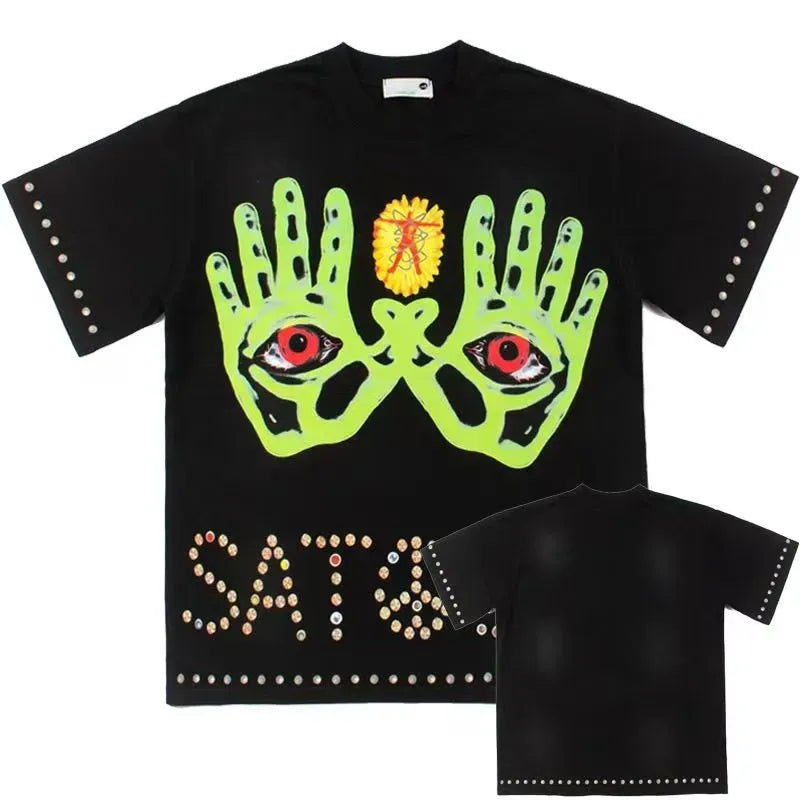 Satoshi Neon Eye Hands Rhinestone Graphic Tee