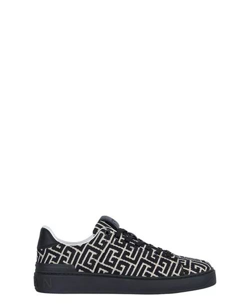 BALMAIN   Men's B-court Trainers in Leather and Monogram Jacquard